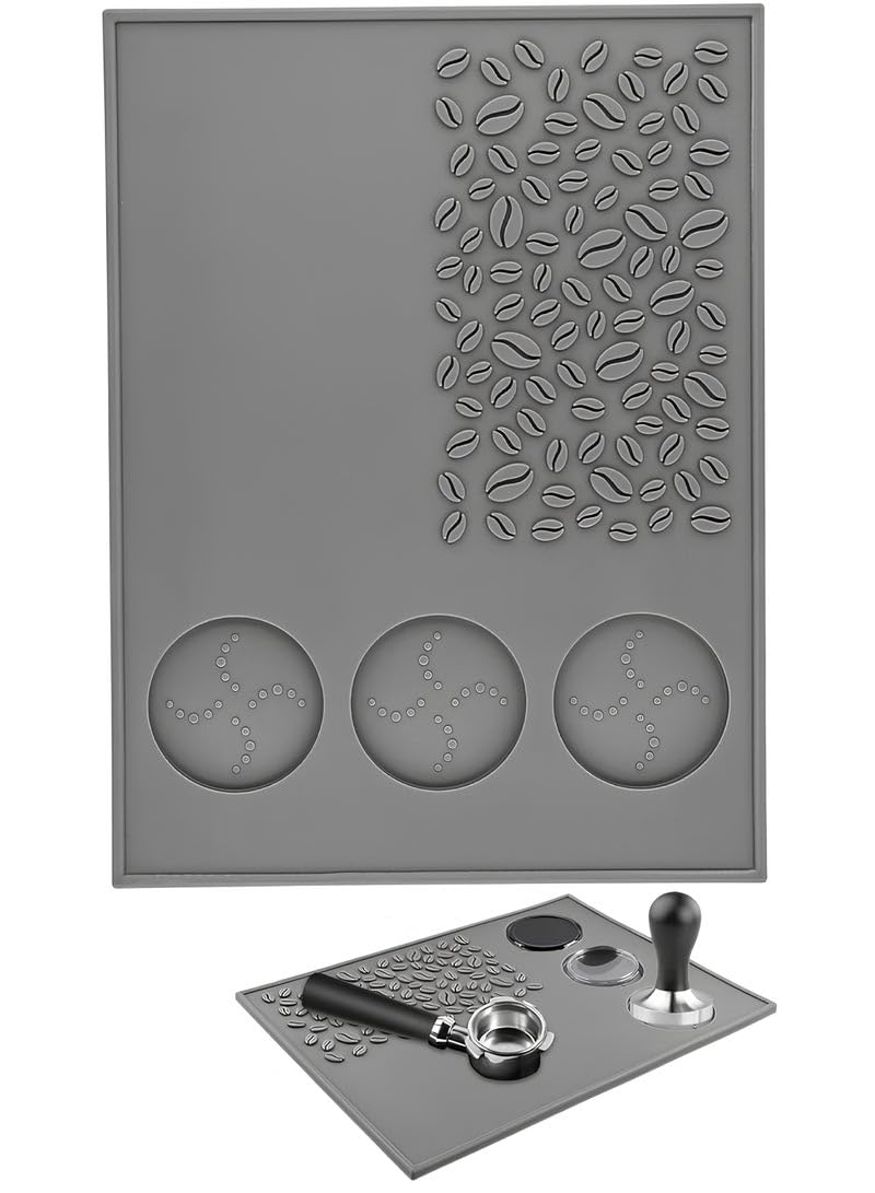 Premium Silicone Bar Mat with Coffee Bean Pattern – Grey Color, 32×24 cm, Featuring 3 Dedicated Spots for Coffee Tools for Professional and Organized Brewing