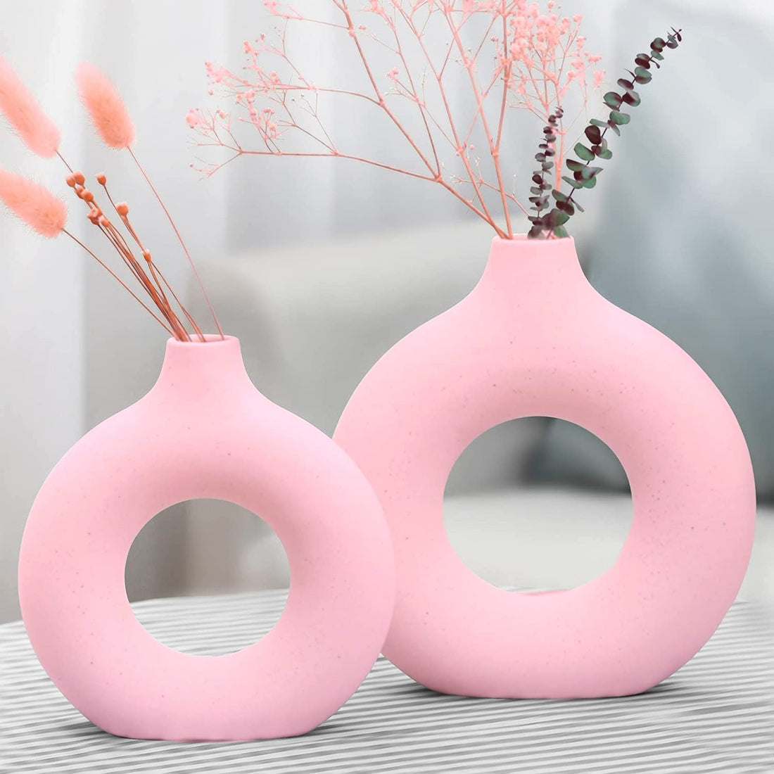 Ceramic Shop The Vase Pink Ring Vase | Flower Vase | Pampas Grass Vase | Vase | Round Shaped Vase | Home Decor Centrepiece | Decor Showpiece Donut Vase - (Set of 2) 8 and 6 Inches