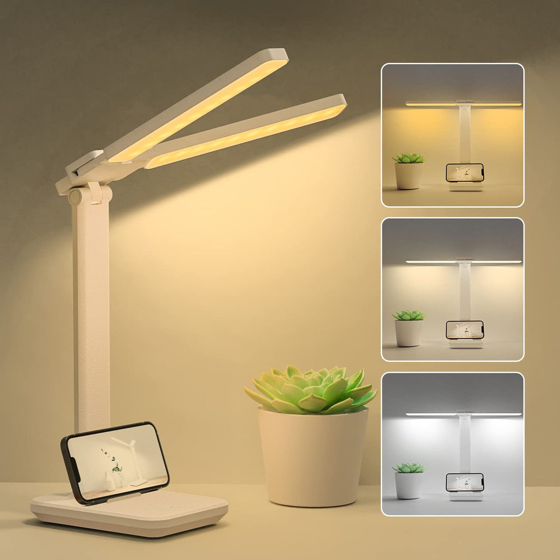 Hepside Double Head LED Desk Lamp - Dimmable, 3 Color Temperatures, Eye Protection, USB Connection, Touch Control for Children, Bedrooms, Office