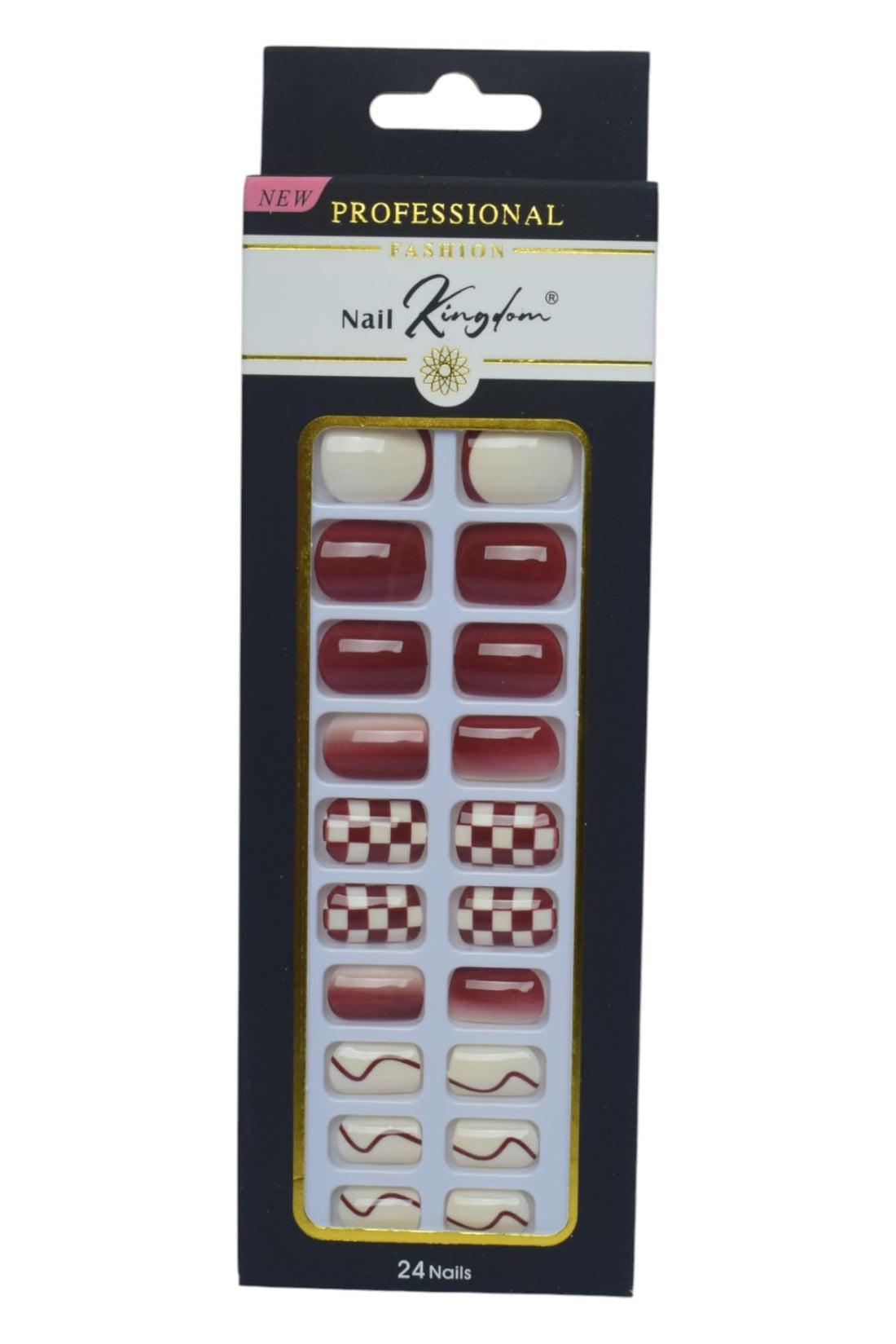 Nail Kingdom Printed Press On Nails Set, 24 Pieces - Burgundy White