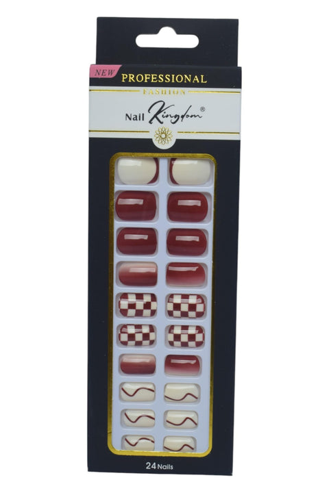 Nail Kingdom Printed Press On Nails Set, 24 Pieces - Burgundy White