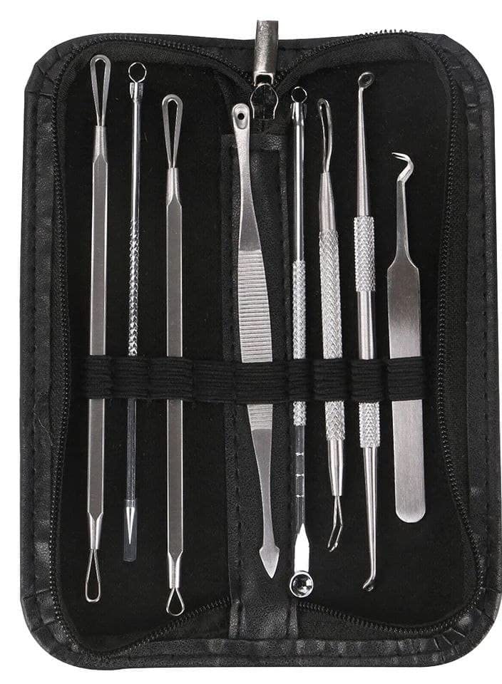 Eight Piece Premium Stainless Steel Face Cleaner Pimple Blackhead Remover Kit Value Leather Case