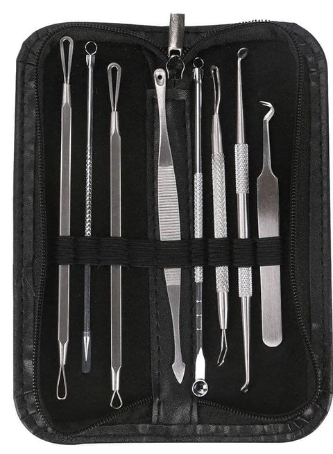Eight Piece Premium Stainless Steel Face Cleaner Pimple Blackhead Remover Kit Value Leather Case