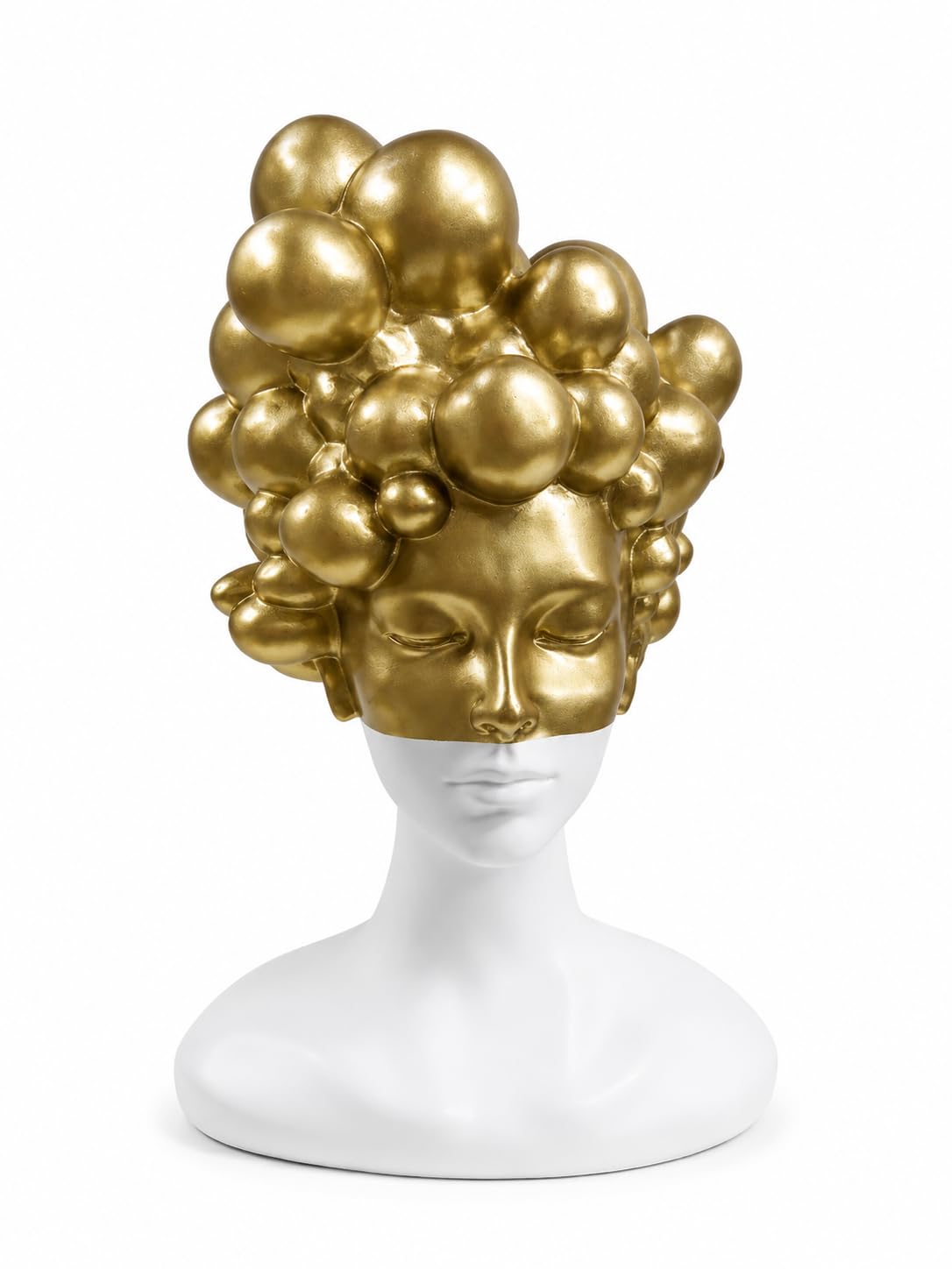 Abstract female bust, gold and white, made of plaster, 23 cm, with puffy hair, modern home decor