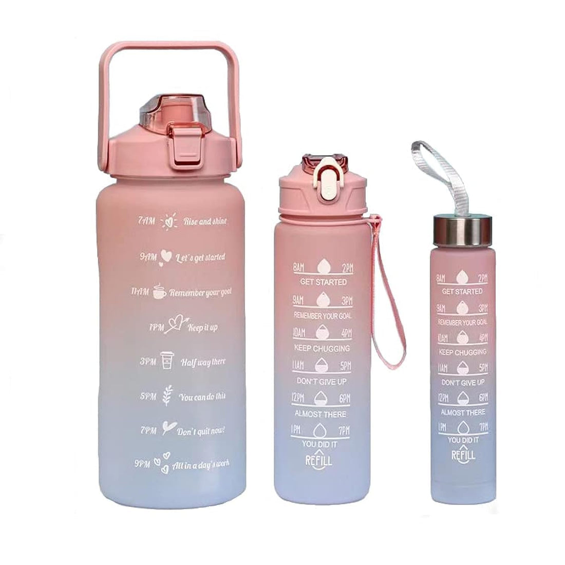 3 Pack Sports Water Bottle With Straw,2L+900ml+500ml Measured Plastic Drinking BPA Free Non-Toxic Sports Drinks Time Markings Motivational Fitness (Pink)