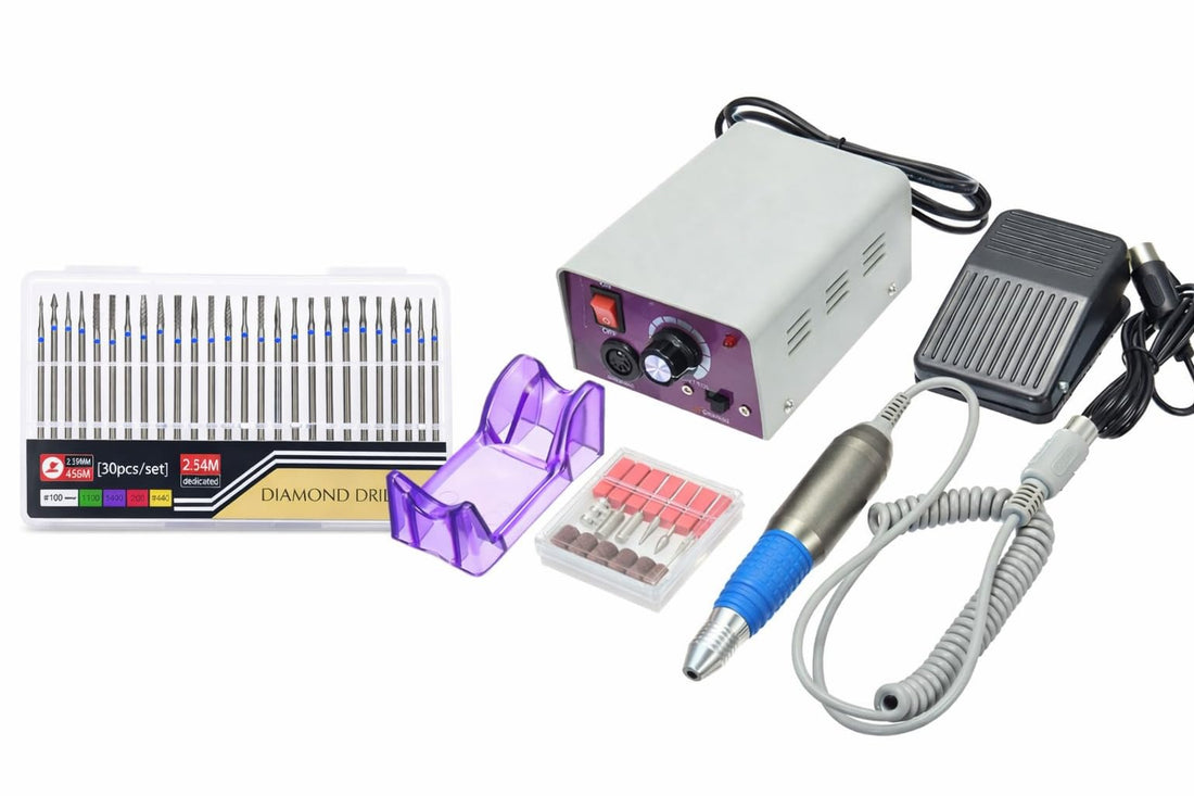 Electric Nail Drill Machine Set 3000 RPM for Manicure and Pedicure, Adjustable Speed Nail File Device with Handpiece, Foot Pedal, Handpiece Stand, 30 Diamond Drill Bits and 6 Sanding Bands