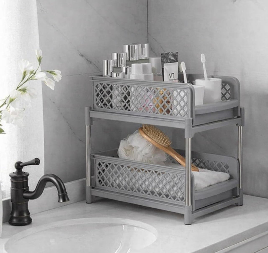 Downtown 2 Tier Sliding Basket Organizer Under Sink Storage Rack and Pull Out Cabinet Drawer for Kitchen and Bathroom Grey