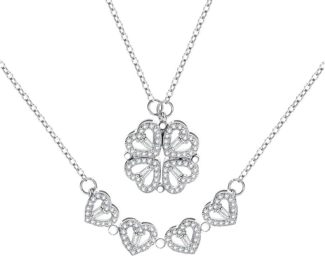 Julia Store 2-In-1 Lucky Clover Leaf Cute Heart Necklace Tiny 18k White Gold Plated Heart Pendant Choker Small Gold Love Open Heart Chain Necklace for Women Dainty Jewelry Gifts