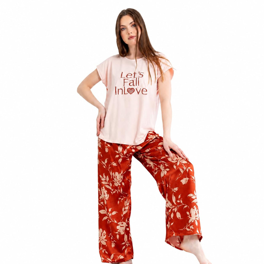 Narissa Let's Fall In Love Pajama Set 2 Pieces Cotton T-Shirt and Satin Viscose Wide Pants Elegant Floral Print Pajama Set