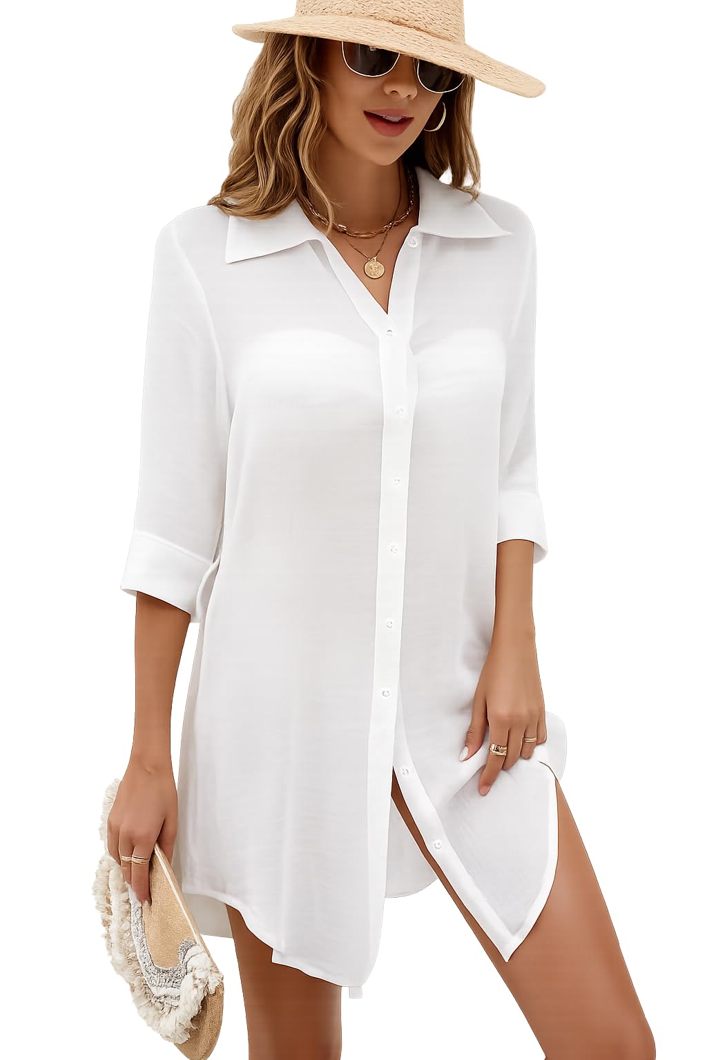 Women's White Button-Down Shirt Dress, Long Sleeve, Beach Cover-Up, Casual Summer Style