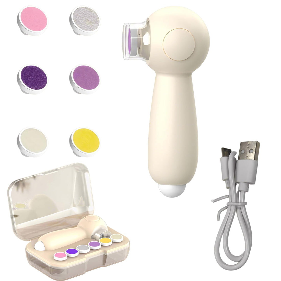 Baby Electric Nail File, USB Charging Baby Nail Trimmer Electric Kit, with 6 Grinding Heads & LED Light for Newborn Kids and Adult, Fingernails Care Set