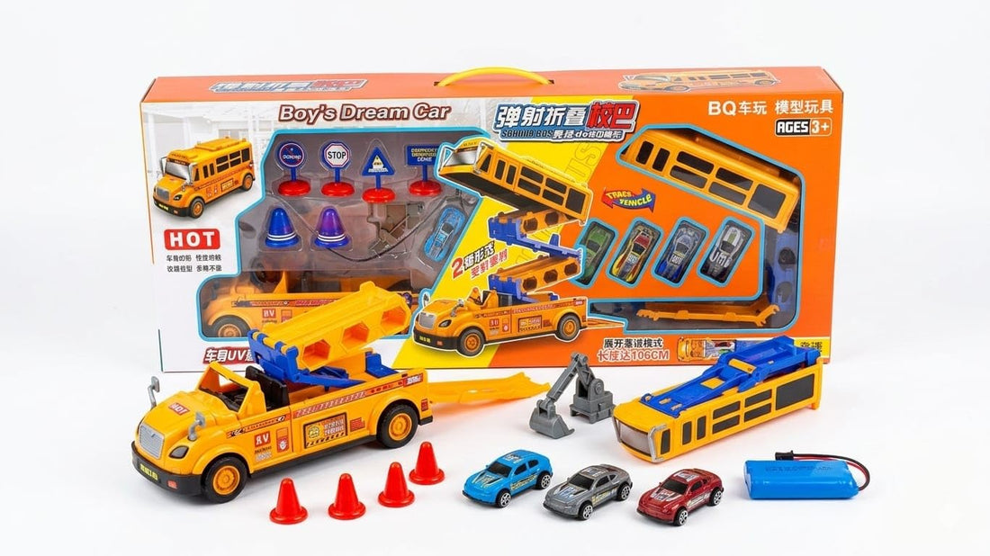 Dream Car School Bus Toy Set with 3 Mini Cars, Cones & Road Signs, Ages 3+