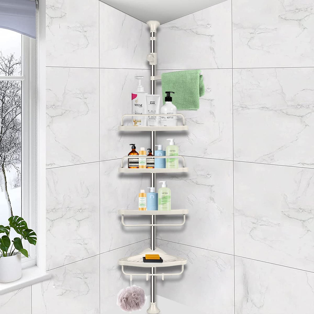 Shower box,tension pole,corner shower stick keeps you organized,height adjustable for stand bathroom corner shower bag rack and stainless telescopic rod organizer