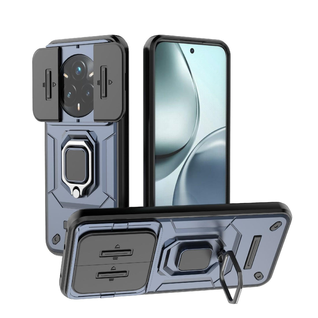 Phone case Cover Sliding Camshield TPU + PC Shockproof with a shock-resistant metal ring Holder compatible with Realme 14 Pro Plus (Blue)