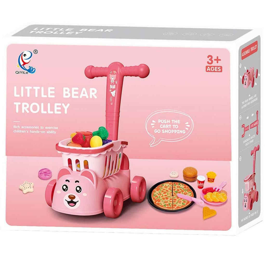 Shopping Cart Toy This is a supermarket shopping cart with a variety of pretend food accessories.The basket can be attached or used separately, making it easy to carry. The shopping cart is designed