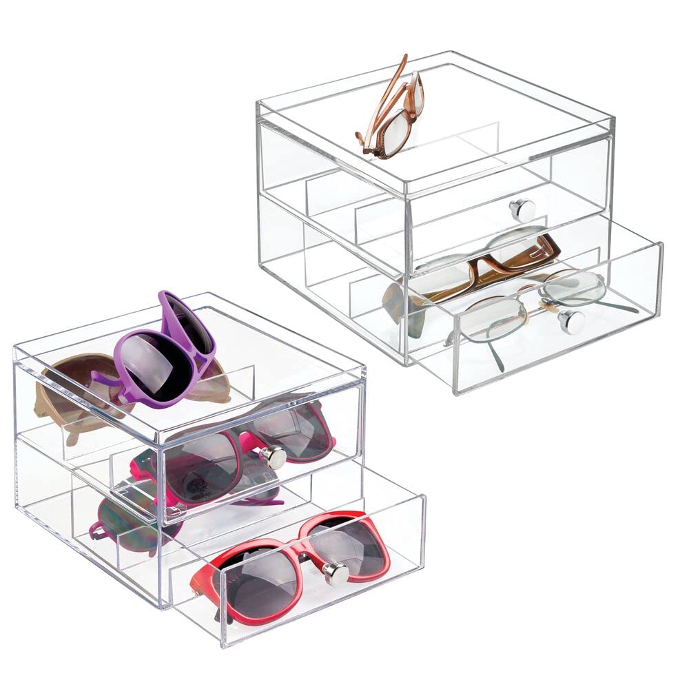 BEST MEDIA 2-Piece Set Stackable Eyeglass Organizer, a 2-Drawer Holder for Sunglasses, Eyeglasses, and various Reading Glasses- Modern - 2-Piece Set - Transparent