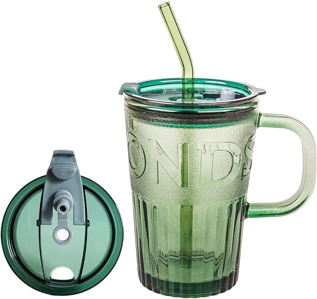 Glass Tumbler with Glass Straw and Leakproof Lid, 435 ml Multipurpose Glass Cup for Hot and Cold Drinks, Tea, Coffee, Fruit Juices (Green)