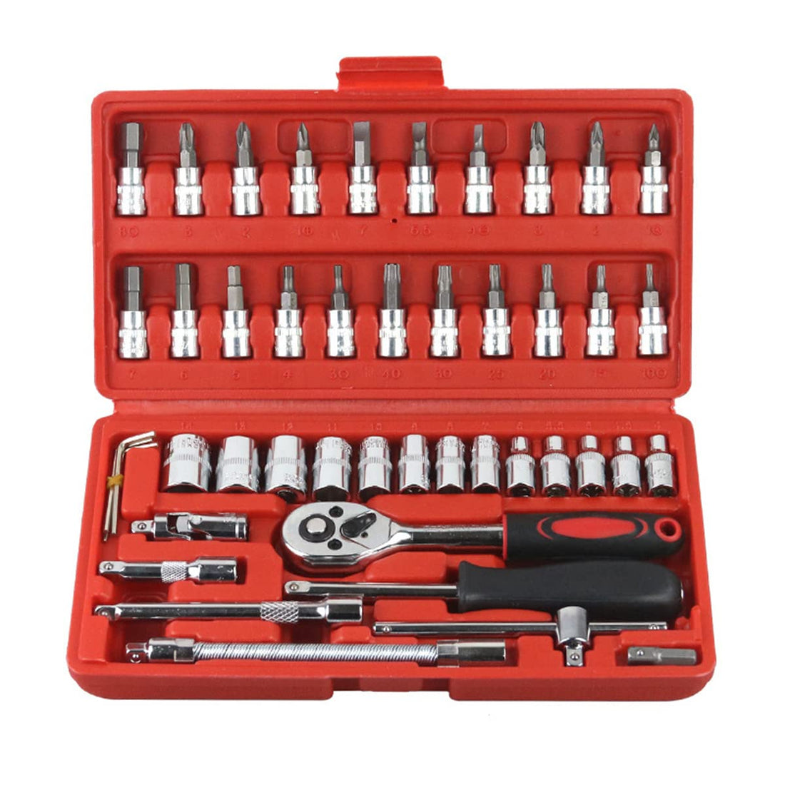 46 Pieces 1/4 inch Drive Socket Ratchet Wrench Set,with Bit Socket Set Metric and Extension Bar for Auto Repairing and Household, Is A Unique Gift For Men