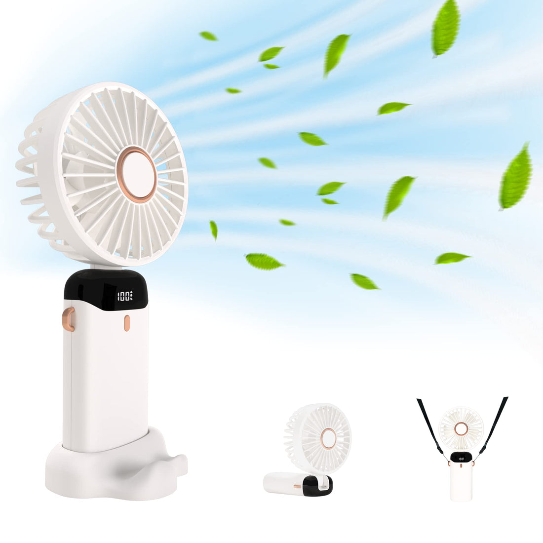 Portable Handheld Mini Personal Fan, 5 Speed USB Desk Fan, White, Foldable, Multi-functional