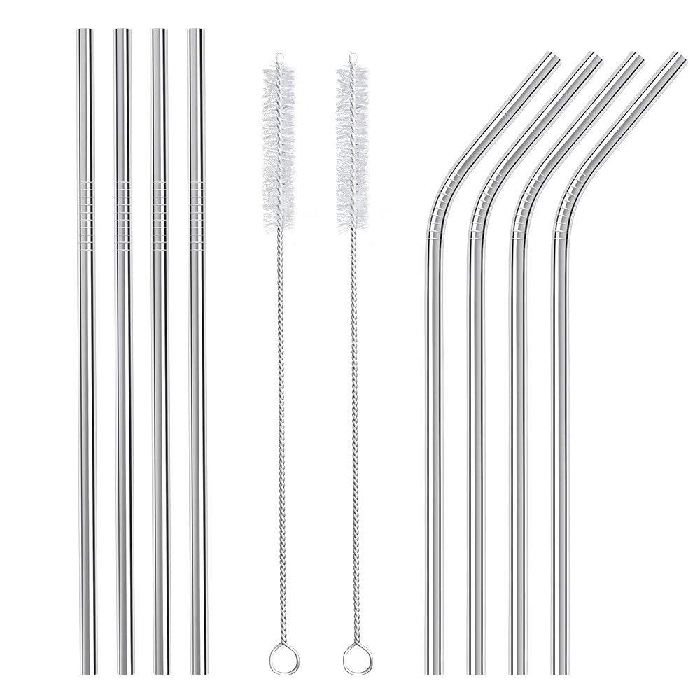 Nobrands Stainless Steel Straws Reusable 8 Set, Metal Drinking Straws with 2 Cleaning Brush for Smoothie, Milkshake, Cocktail and Hot Drinks with Plush Bag