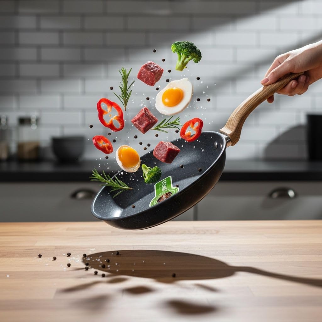 Granite Frying Pan with Wood Handle, Nonstick Cooking Pan for Kitchen, Durable Granite Skillet for Eggs, Steak, Pancakes and Daily Cooking (22)