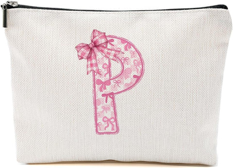 Personalized Initial Letter Makeup Bag, Rose Initial Cosmetic Bag with Zipper Birthday Gifts for Women Girls, Pink bow (P)