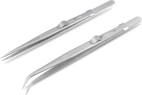 fashion mania 2Pcs Precision Tweezers Pointed Tip and Curved Locking Tweezer Set, Stainless Steel Soldering Crafting Jewelry Tweezers for Crafts Electronics Nails Art