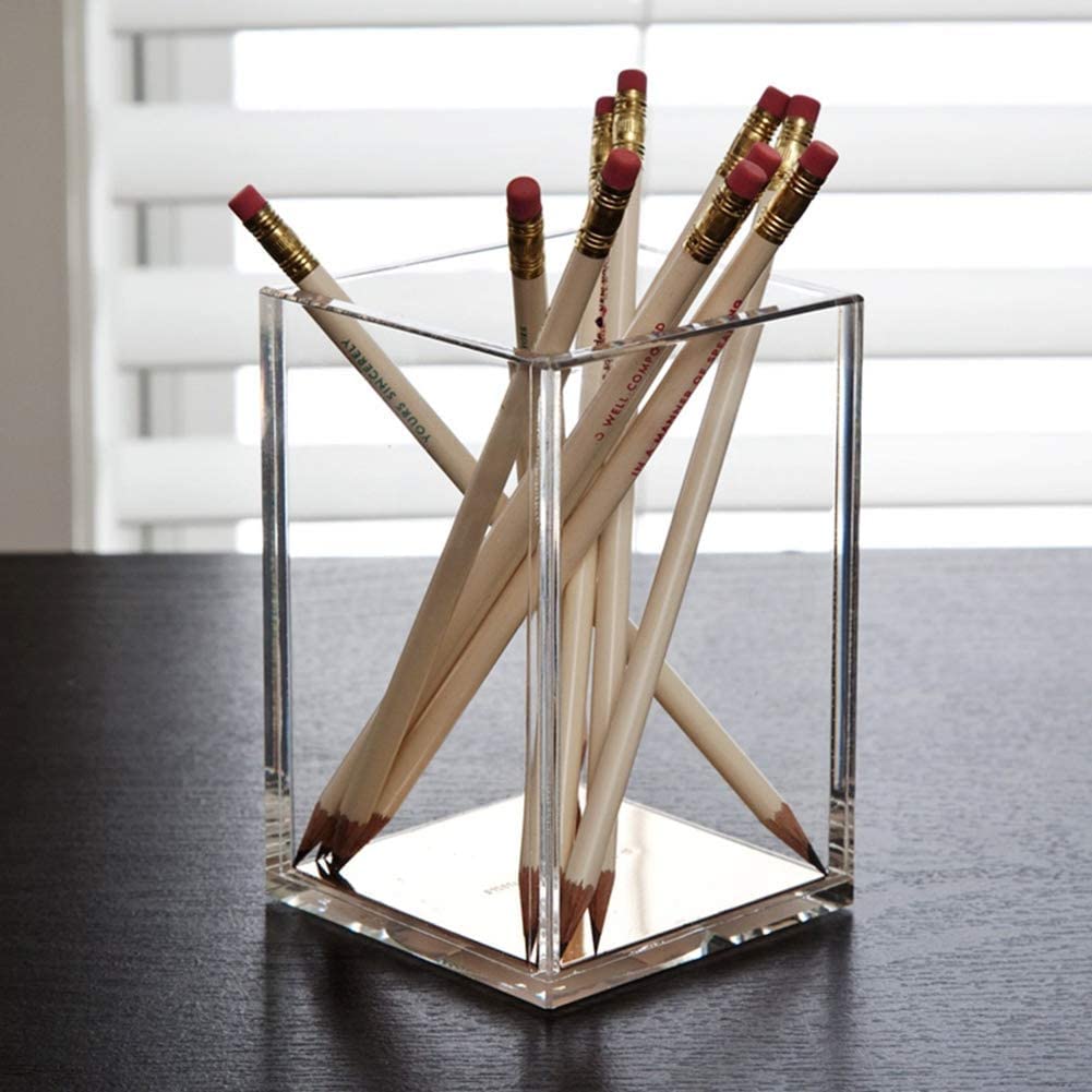 e world Acrylic Pen Holder, Clear Pencil Holder Makeup Brush Desk Organizer Pen Pot Stationery Organizer for Office Desk School, 6.5 * 6.5 * 10 cm