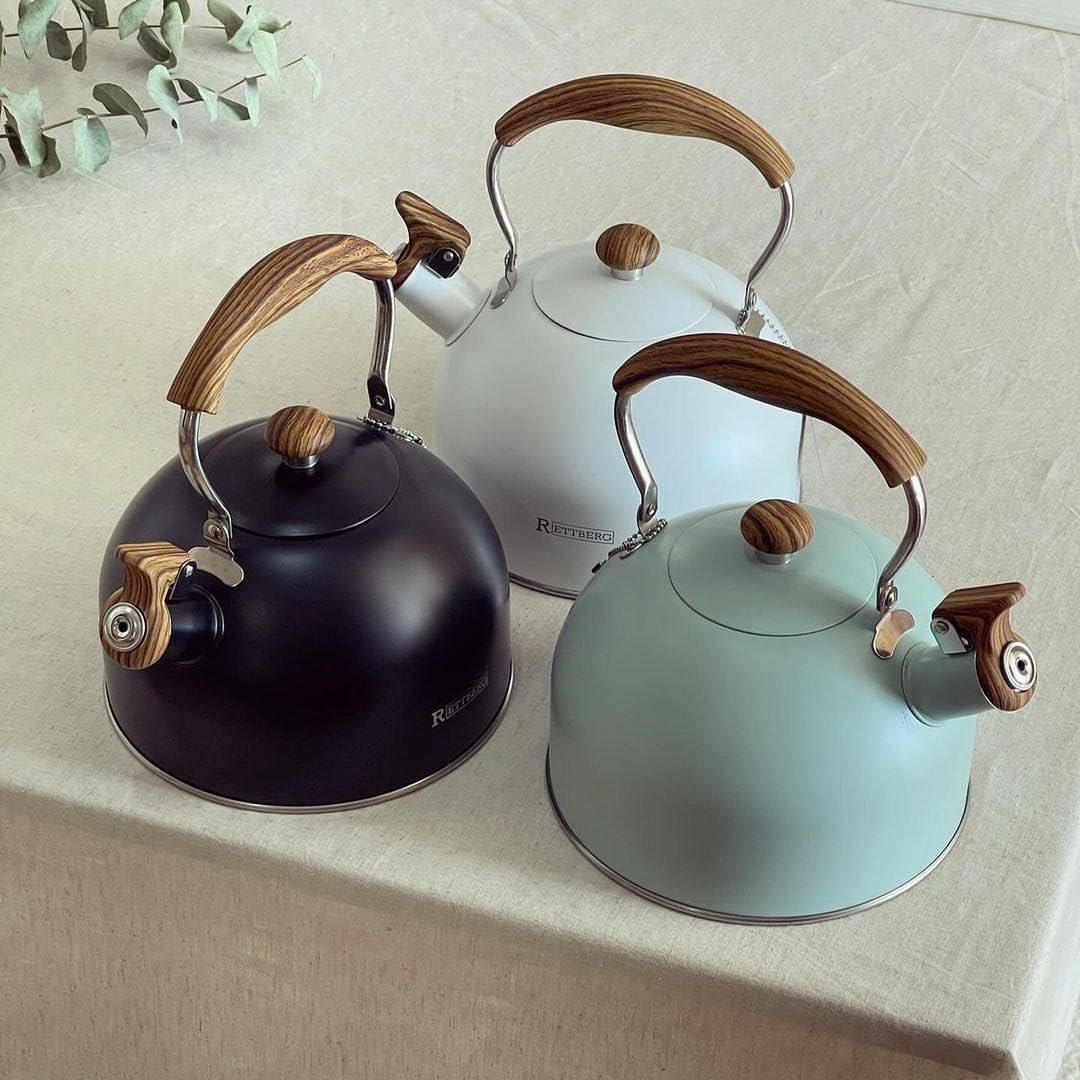 Whistling Tea Kettle, Stainless Steel, Wood Handle, Stovetop Compatible, 3 Colors