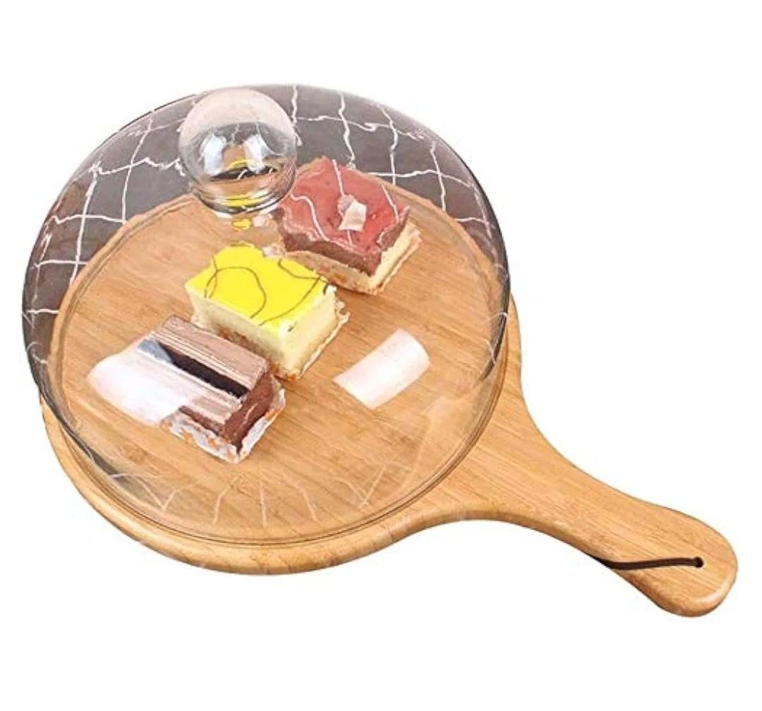 Generic Round Wooden Cake Stand with Glass Dome Cover, Pastry and Tart Storage, 30x14 cm, .sa