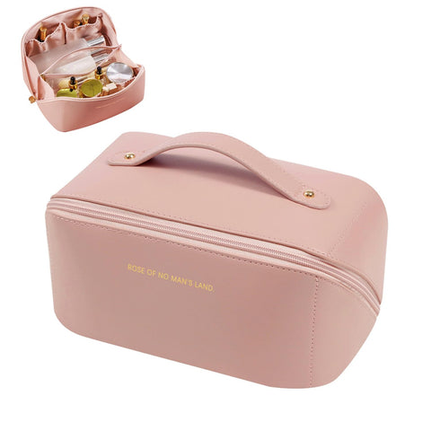 Large Capacity Travel Makeup Bag for Women Waterproof Portable Pouch Open Flat Toiletry Bag PU Leather Cosmetic Bag Organizer with Divider and Handle Pink, Pink, Fashion