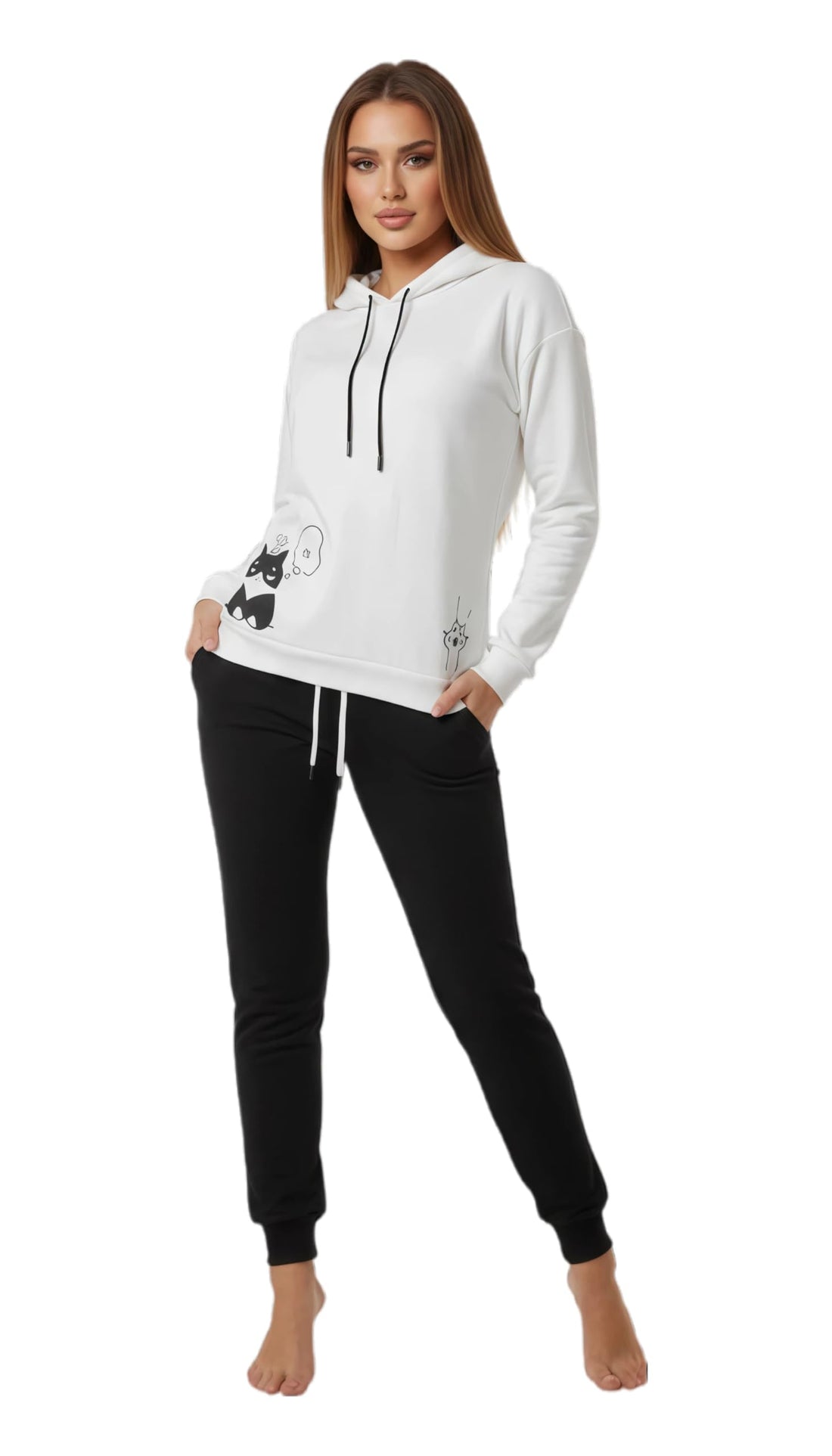 MANIKAN Women's Hoodie and Jogger Set, Yellow and Black, Cat and Bunny Embroidery, Drawstring Design, 2 Piece Outfit