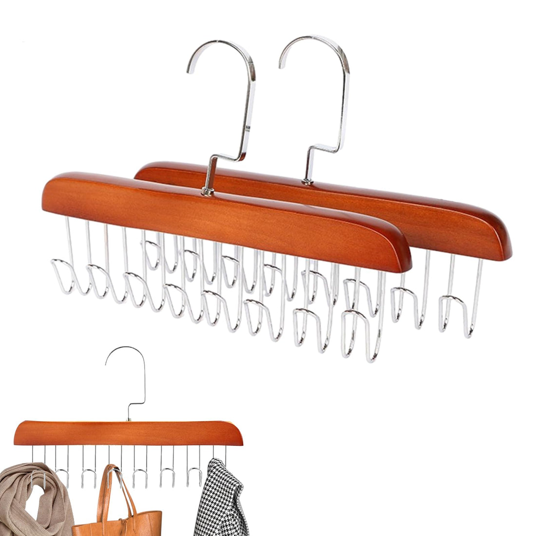 Fychuo 2 Pack Belt Hanger for Closet, Wooden Anti Slip Coat Rack with 8 Hooks Space Saving Tie Hanger 360° Rotating Bra Hanger Closet Organizers and Storage for Scarf Bra Ties Swimsuit