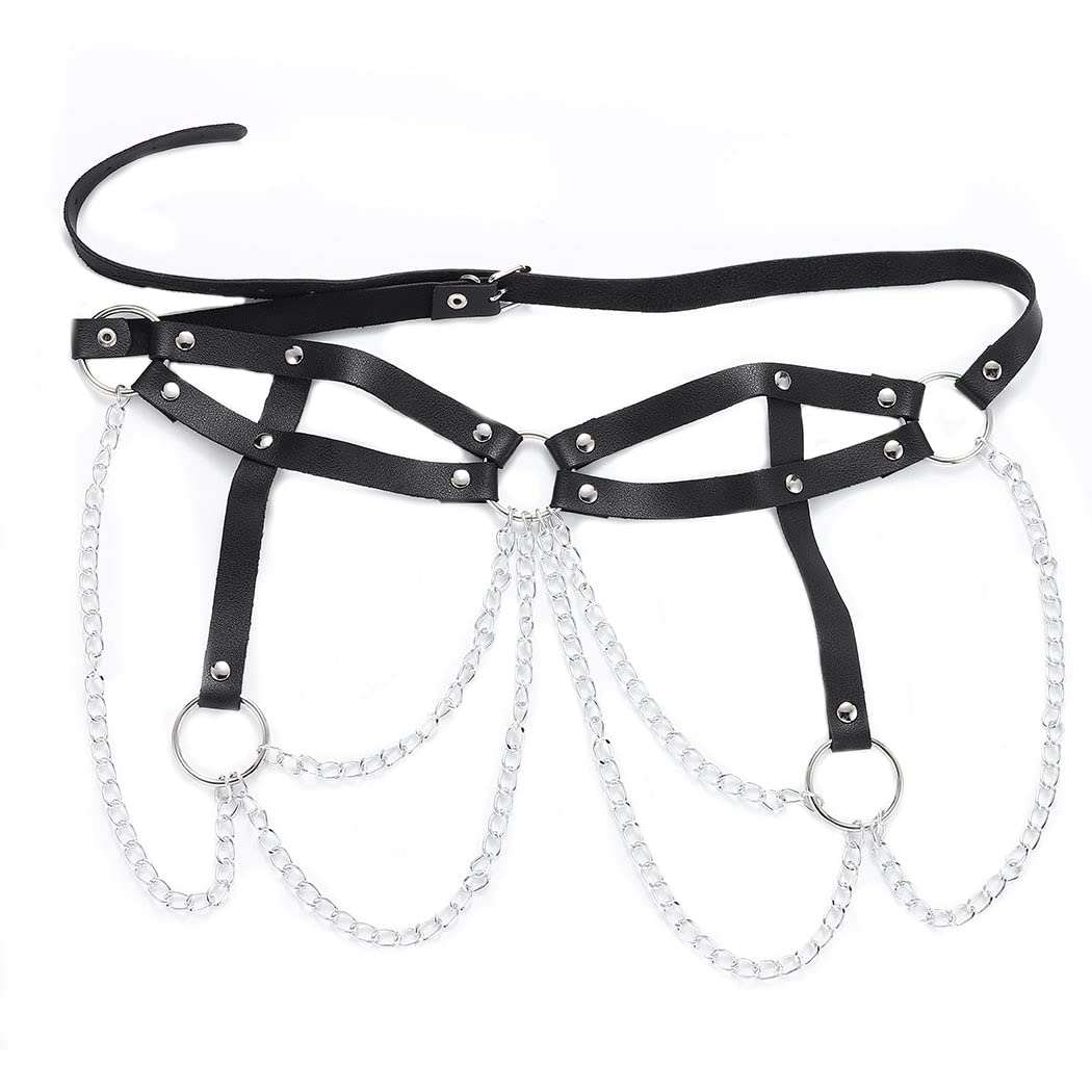 Relbcy Punk Layered Waist Chain Black Leather Body Chains Harness Rave Belly Body Jewelry Nightclub Accessories for Women and Girls