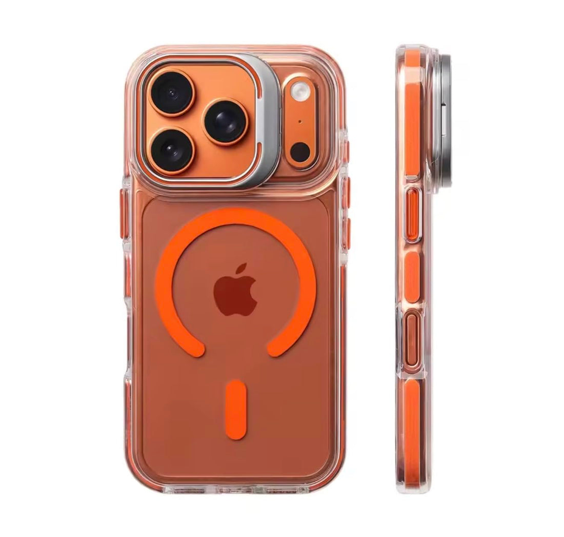 Fekra Luxury Magnetic Clear Case for iPhone 17 Pro MagSafe Compatible Shockproof Transparent Bumper with Camera Lens Protector & Built-in Stand, Slim Protective - Clear Orange