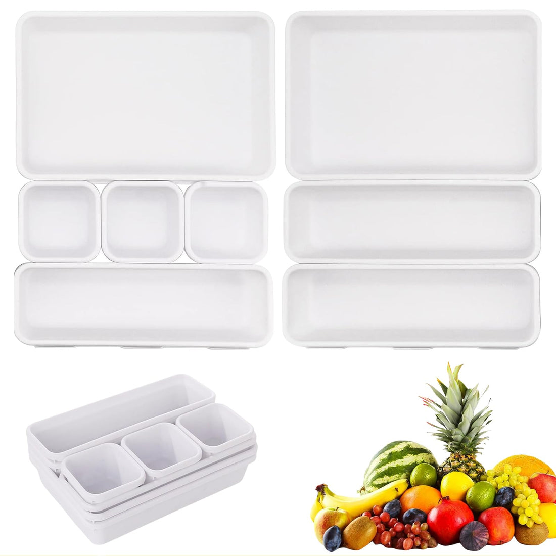 8 Pcs Drawer Organisers, 3 Sizes of Plastic Drawer Organizers, Interlocking Dividers Storage Trays for Makeup, Bedroom, Kitchen, Office - Durable, Non-Slip Pads (White)