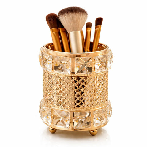 Crystal Makeup Brush Holder Organizer – Gold Metal Cosmetic Brush Storage Cup with Clear Crystal Design, Vanity Countertop Organizer for Beauty Brushes, Pens, Pencils and Desk Accessories