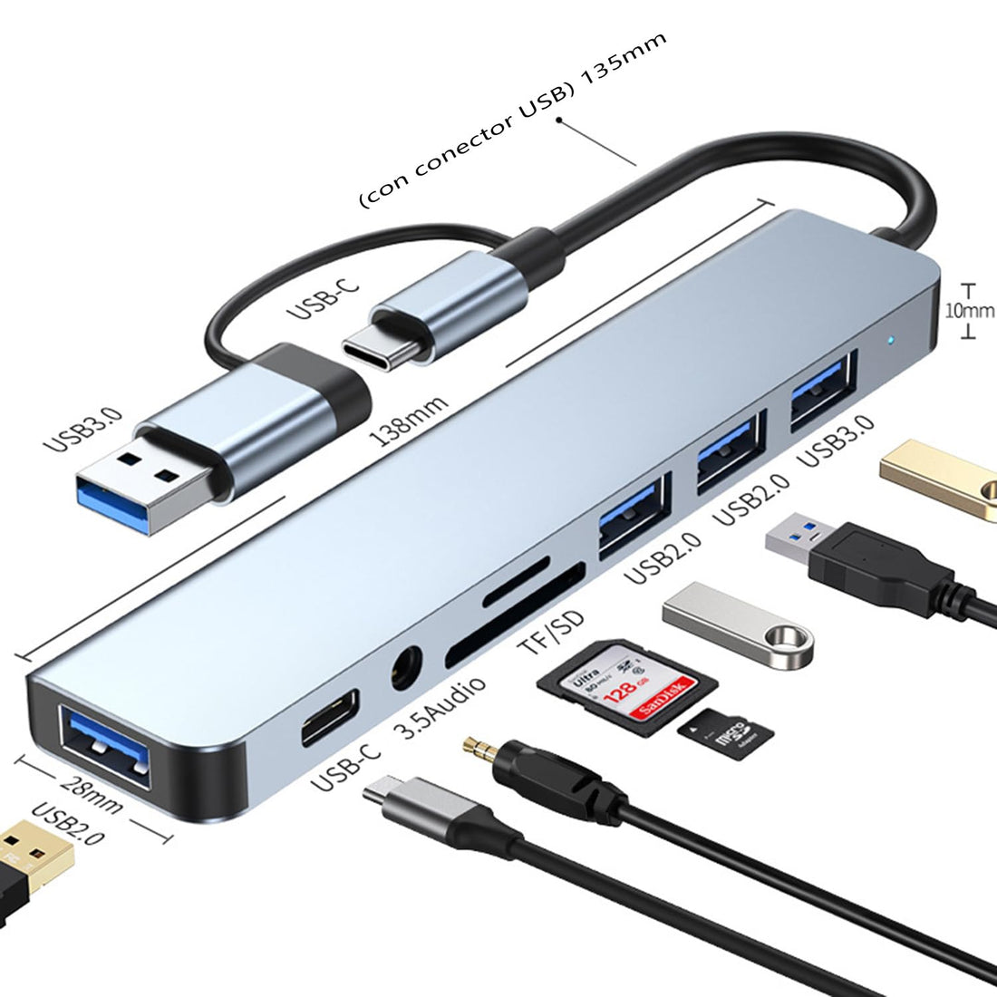 USB C HUB, 8 in 1 USB C Adapter, USB 3.0, 3*USB 2.0, SD/TF Card Reader, 3.5 Audio, for MacBook, MacBook Pro, Macbook Air, DELL, Surface and More Type-C Devices (01HUB-8)