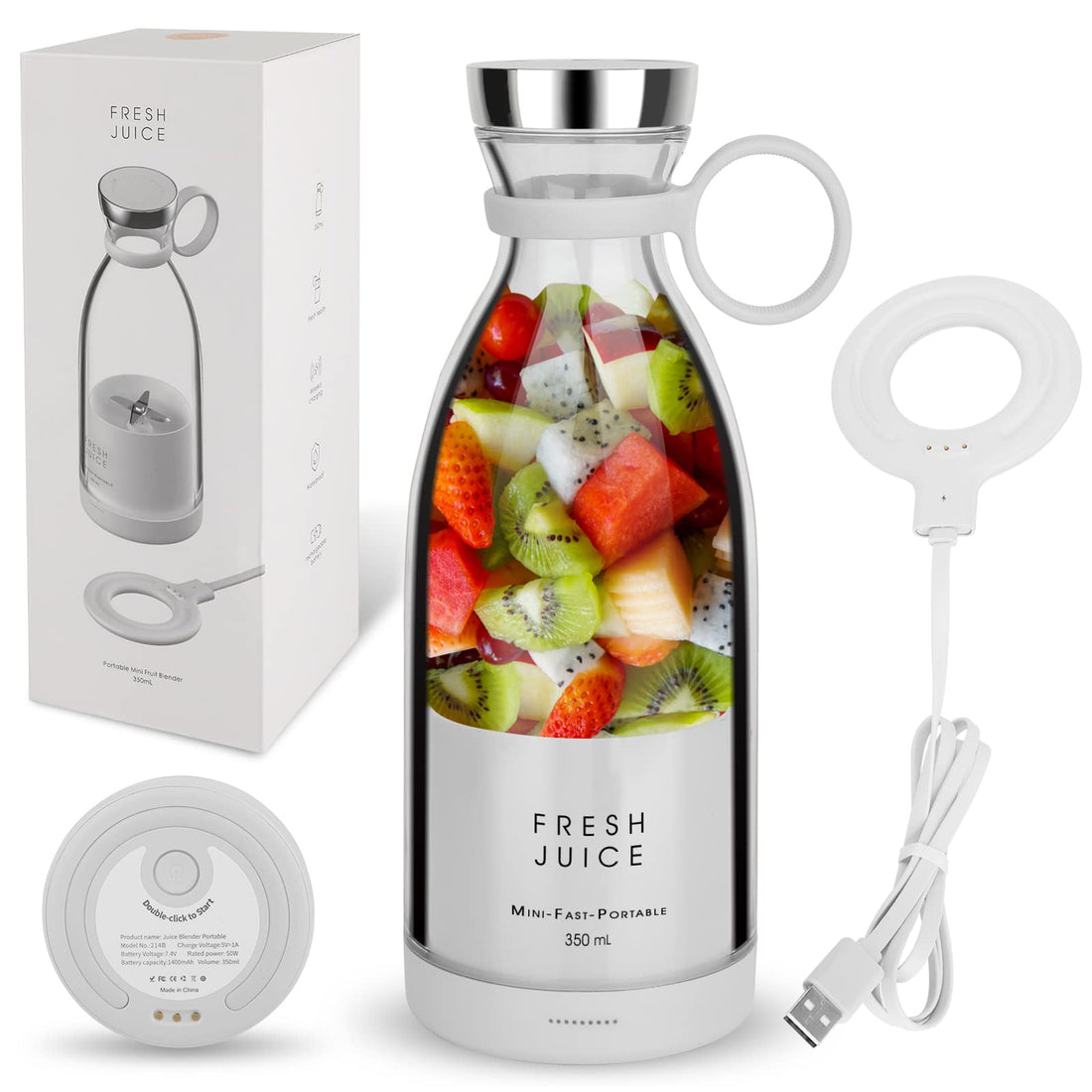 Personal Size Blender, Portable Blender, Battery-Powered USB Blender, 350ml, White