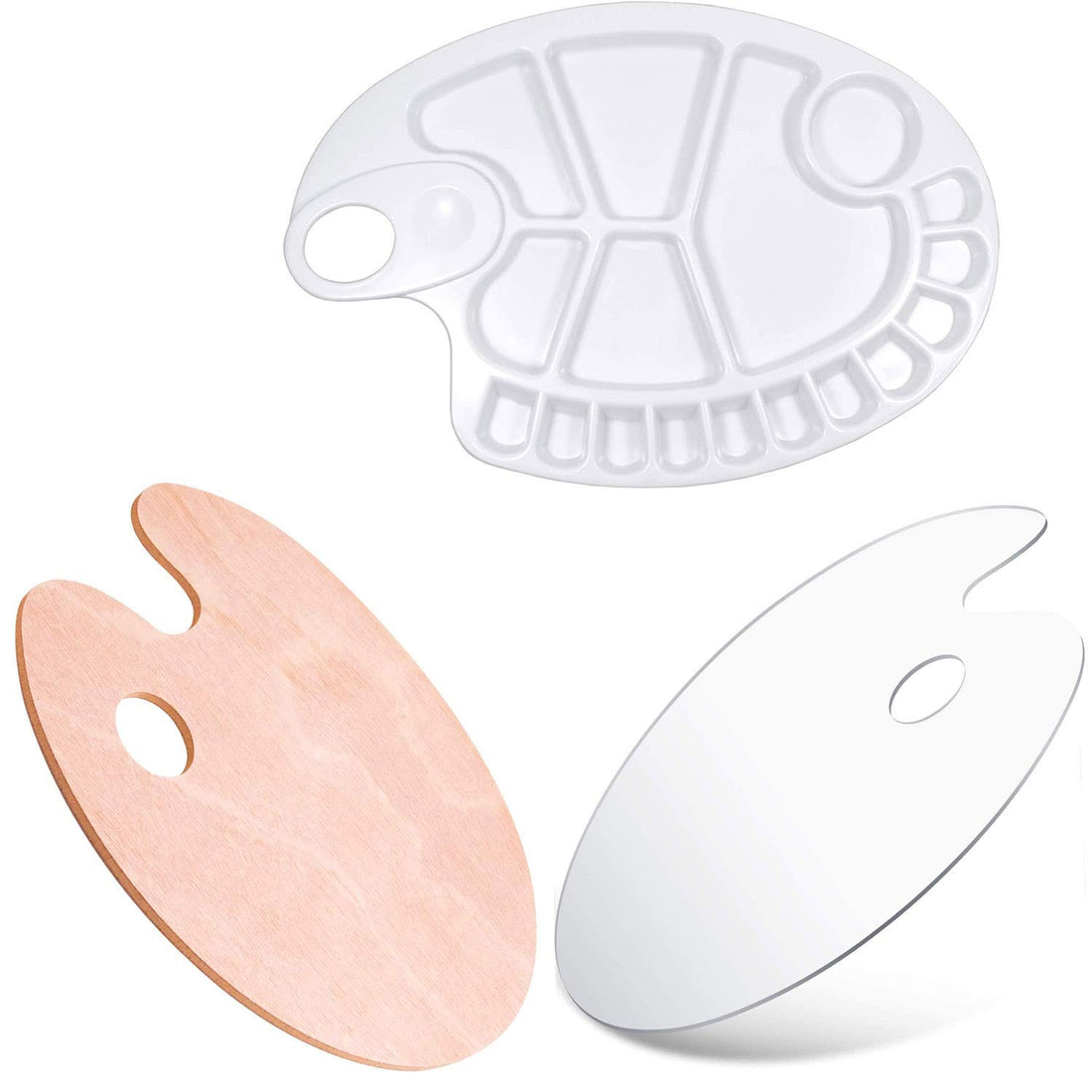 3pcs Paint Palettes, Wooden + Acrylic + Plastic 17 Wells Palette Set, Artist Pallete with Thumb Hole, Lightweight Smooth Oval Professional Painting Pallettes Mixing Tray for Adults Kids Artists