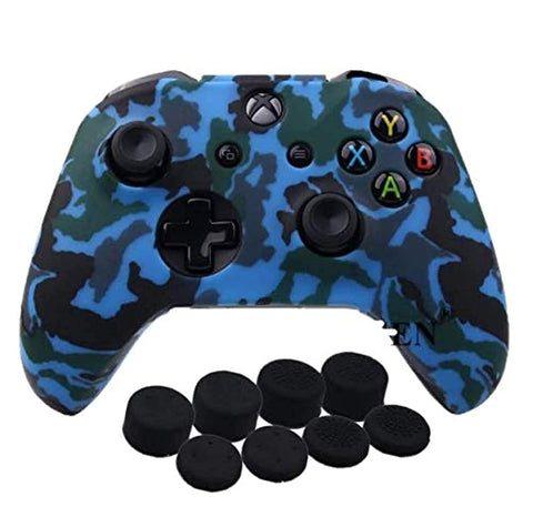 SKEIDO Printing Silicone Cover Skin Case for Xbox One/S/X Controller & PRO Thumb 8 * Grip Caps (Camo-Blue)