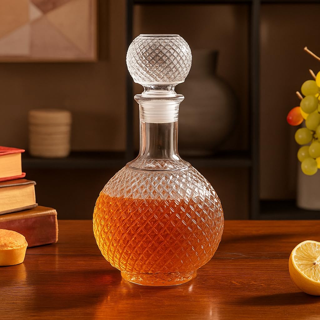 Clear Glass European Style Round Decanter with Lid for Whisky, Wine, Beer, Scotch, Vodka, Bourbon, Liquor | Water and Juice Jug Pitcher Bottle (Big)
