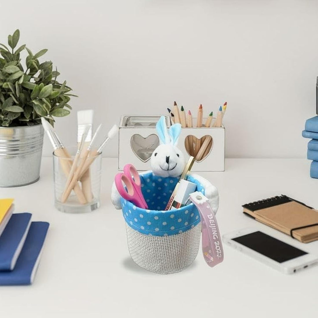 Plush Desktop Organizer - Cartoon Pencil & Makeup Brush Container for Desk