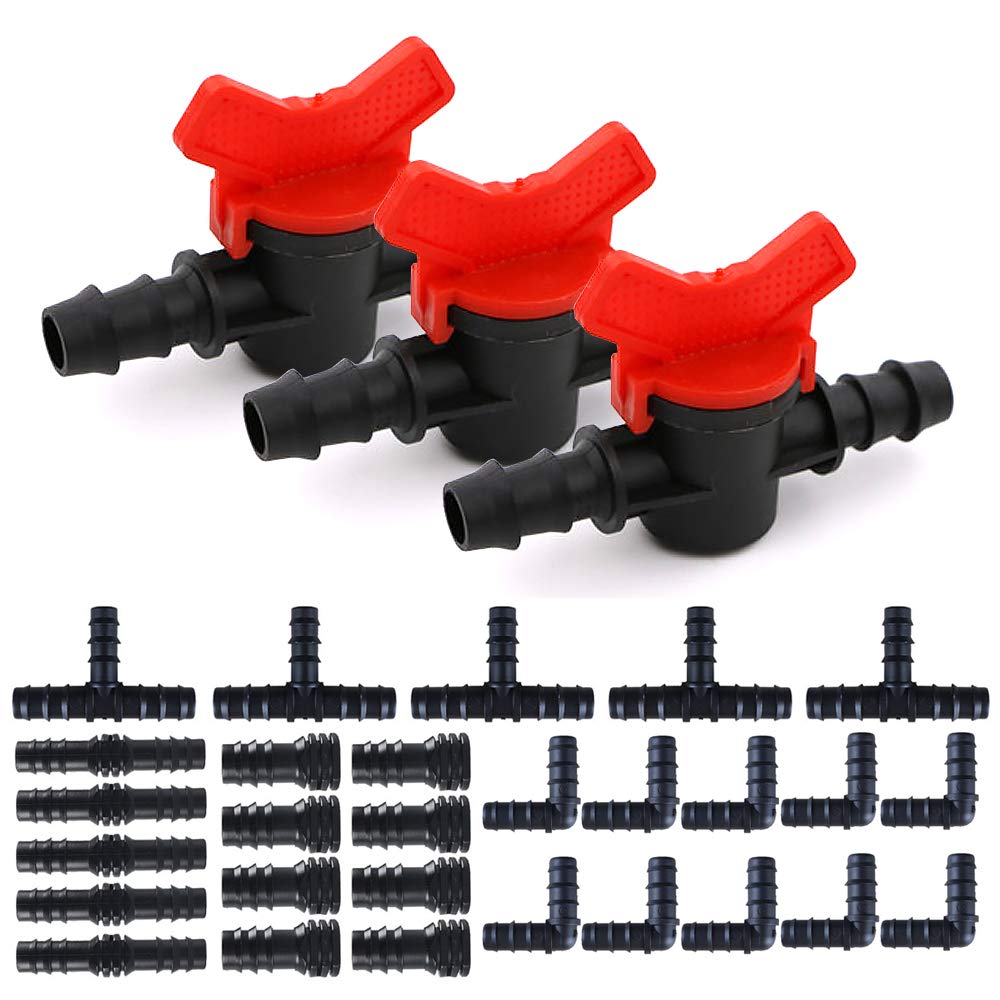 28Pcs Pipe/Hose Irrigation Connector Kit with 3Pcs Drip Irrigation Pipe Switch Valve for Outdoor Garden Water Valve Control 13mm