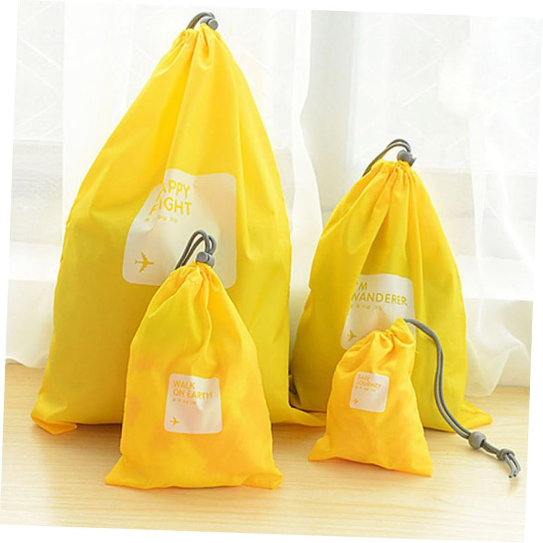 4Pcs Yellow Drawstring Storage Bags Travel Pouches in Different for Outdoor Use Gym Beach and Vacation Organizing