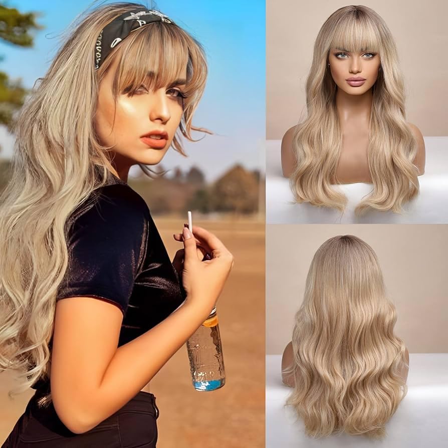 ECIF Long Blonde Wigs For Women Layered Ombre Hair Wig With Neat Bangs