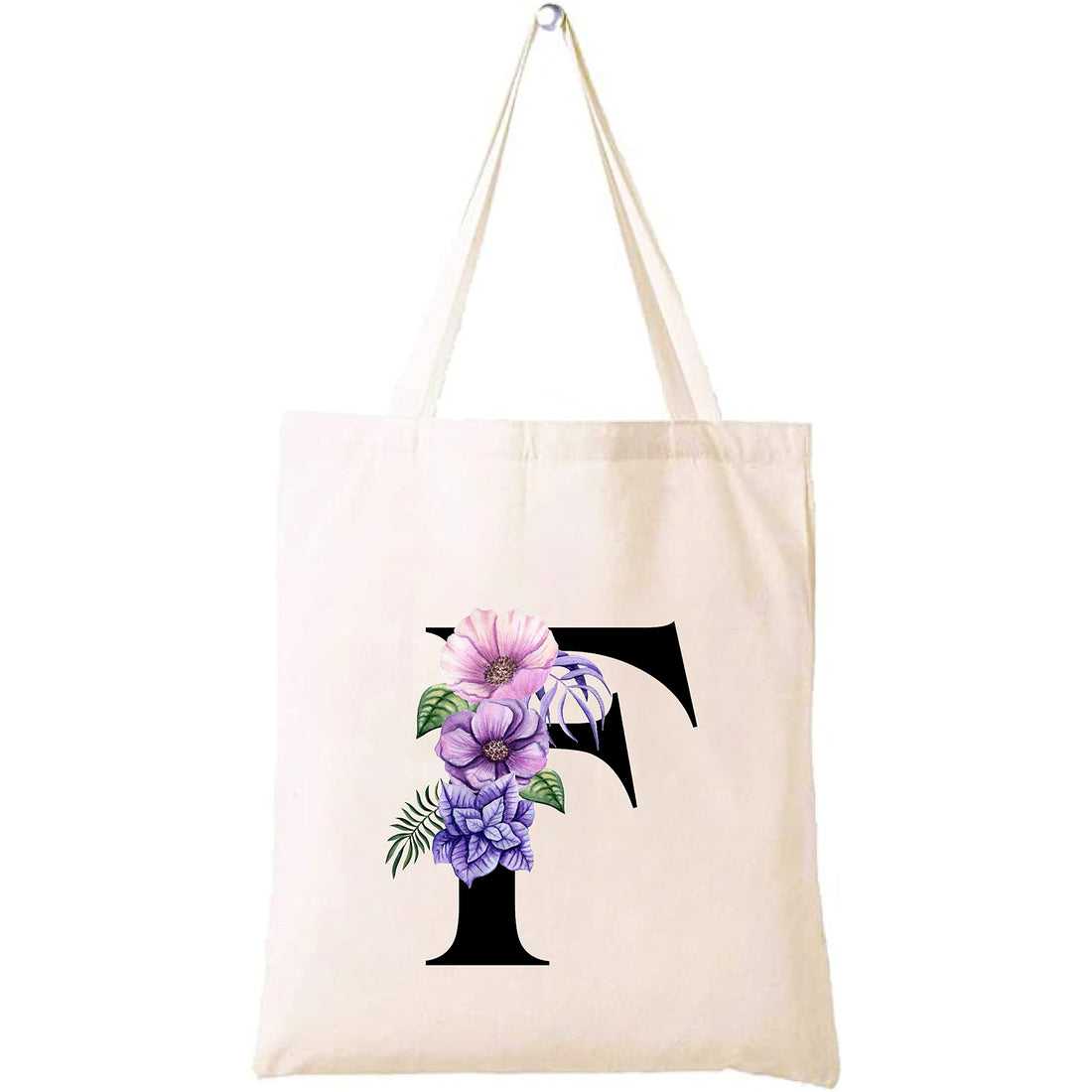 Eco-Friendly Canvas Cotton Tote Bag with Floral Design on Initial Letters Printed Bridesmaids Bags for Women- Reusable Shopping Bag, Party Gift Idea and Cotton Gift Bag