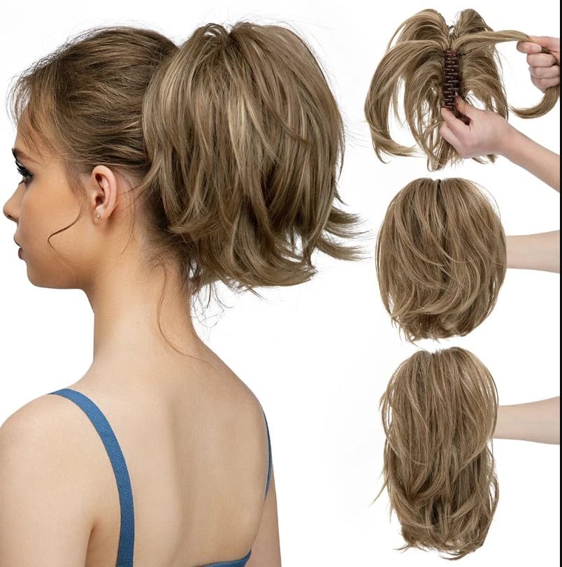 Hair Bun For Women, Wavy ponytail hair extension with claw clip for women, clip-in hair extensions for creating a bun hairstyle in beige -JW211-N-12/24 - Brown mix Highlights