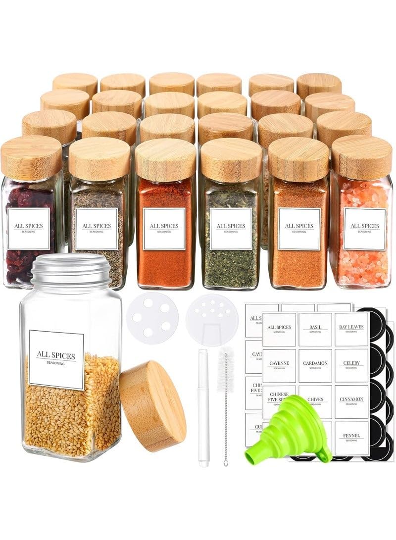 Complete 24 Jar Spice Organizer Set â€“ 120ml Glass Containers with Bamboo Lids, Labels and Filling Funnel