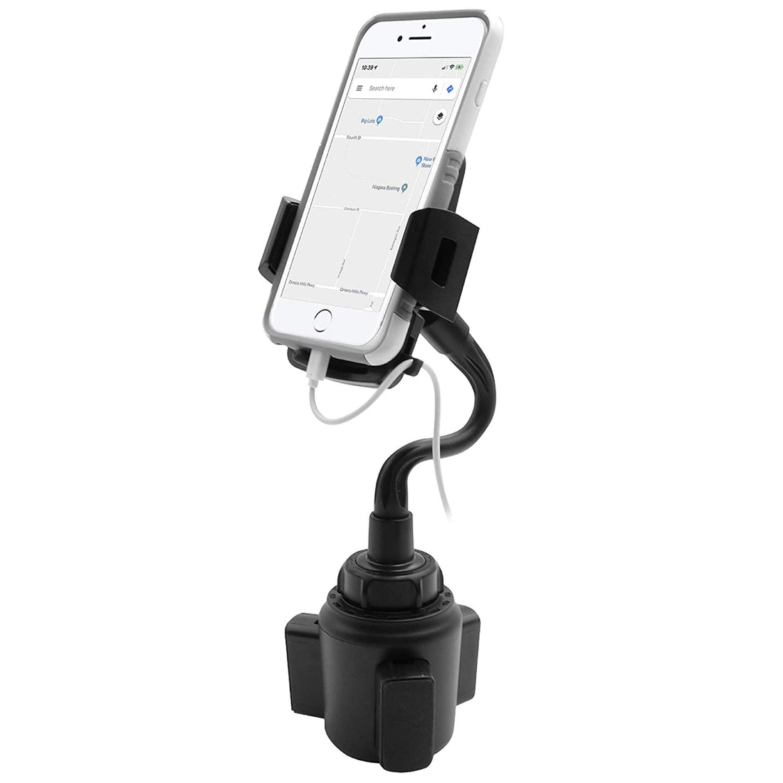 Macally Car Cup Holder Phone Mount - Adjustable 5" Gooseneck with Cable Hanger - for Phones 2" - 3.74" Wide (iPhone, Galaxy, Pixel, Etc) and Most Vehicles - Sturdy Cup Phone Holder for Car SUV Truck